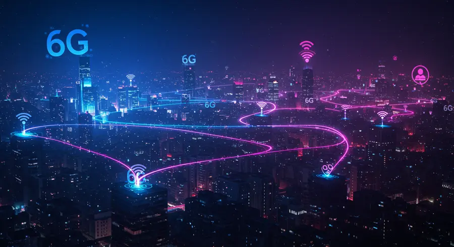 Abstract visualization of quantum computing and wireless networks merging, with data flowing seamlessly