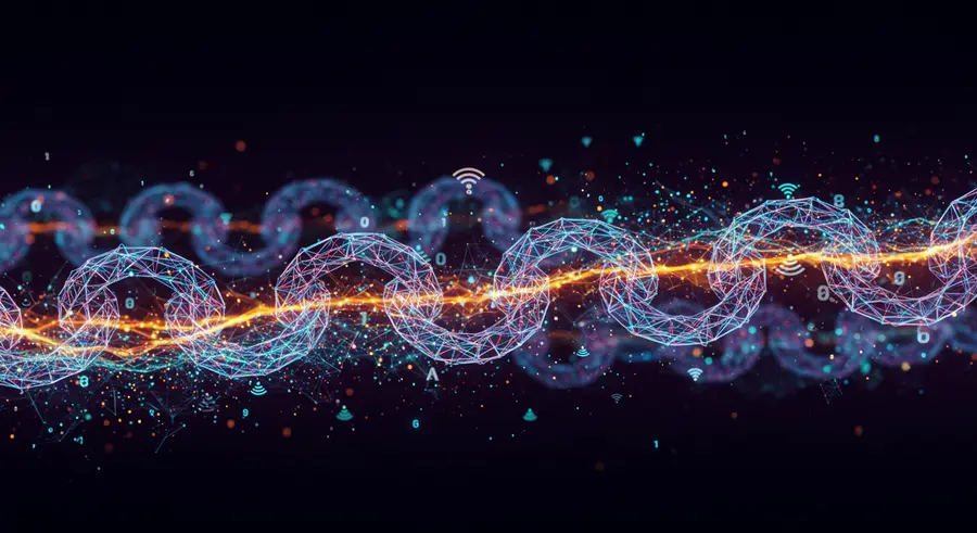 Abstract visualization of blockchain intertwined with wireless signals, representing decentralized connectivity, secure data flow, and distributed network nodes in a futuristic setting