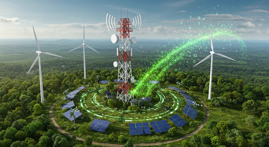 A futuristic, eco-friendly wireless network tower surrounded by lush green energy sources like wind turbines and solar panels, with data flowing as green energy.